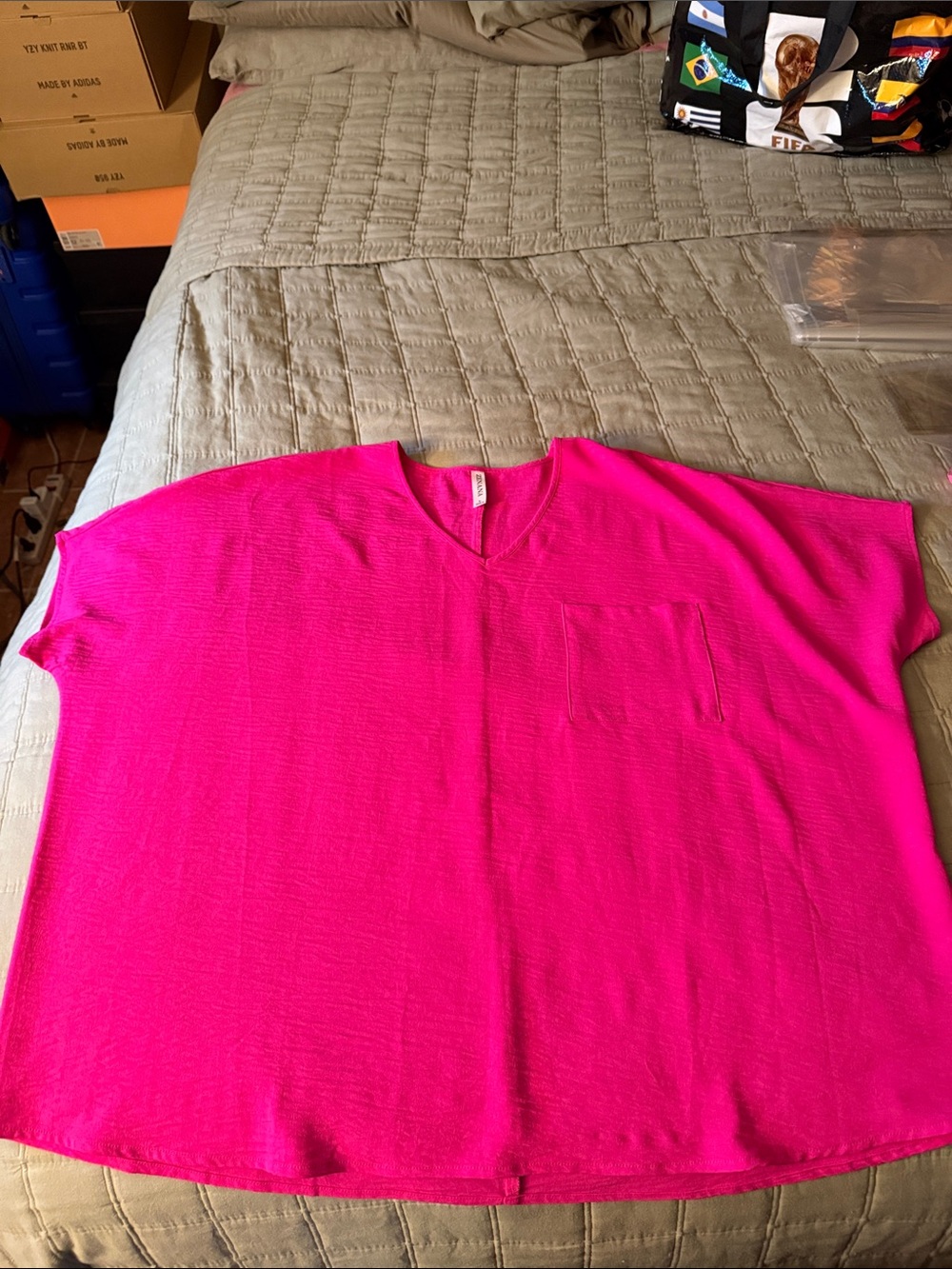 Relaxed V-Neck Short Sleeve Blouse - Hot Pink